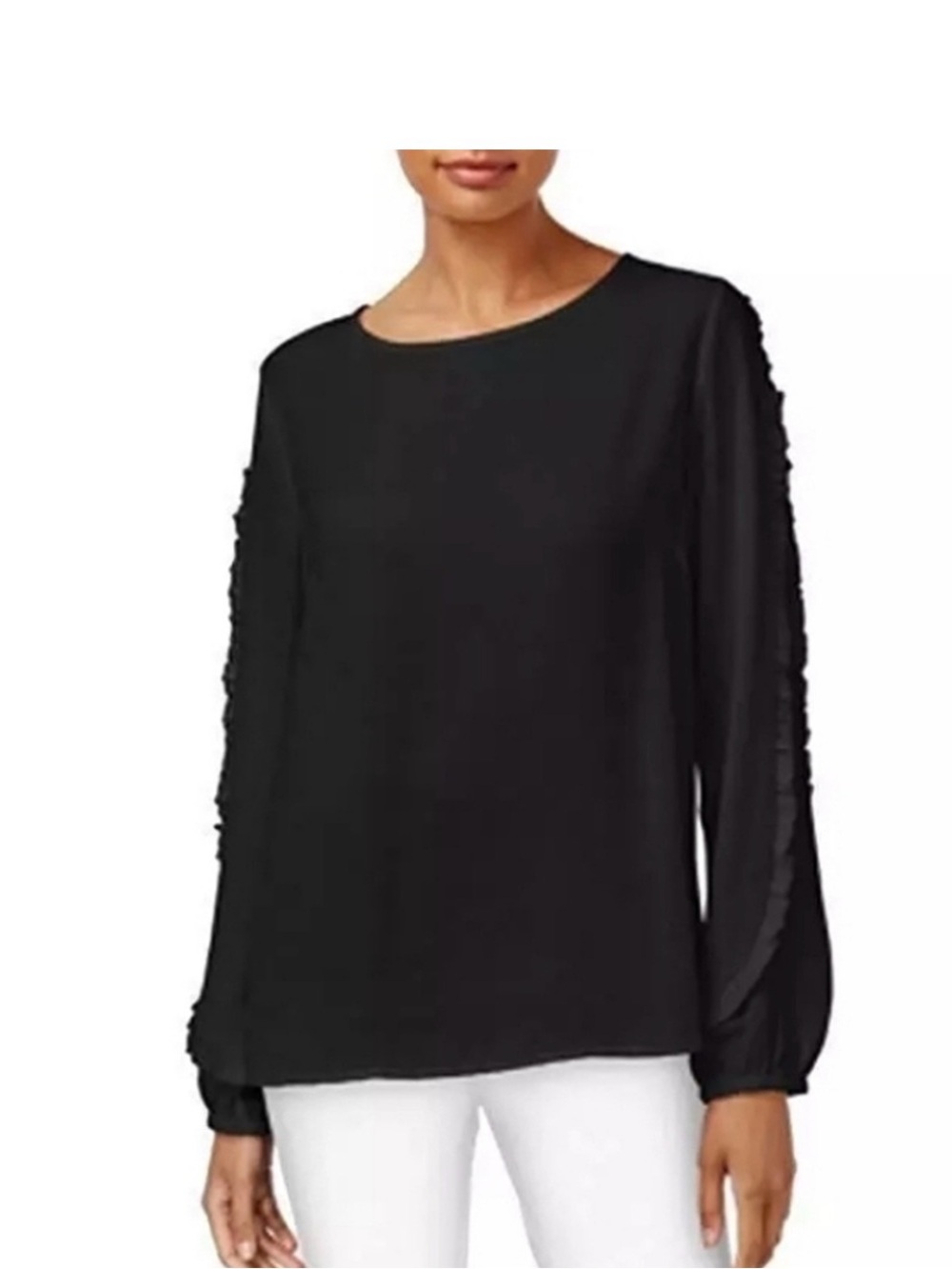 Sanctuary Black Long-Sleeve Ruffle-Sleeve Crewneck Blouse
